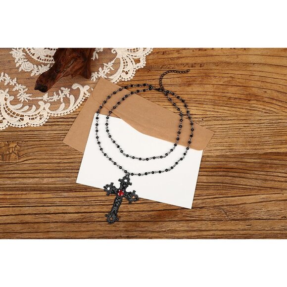 Stunning Black Cross Necklace with Layered Chains and Red Crystal Accents - Picture 6 of 8